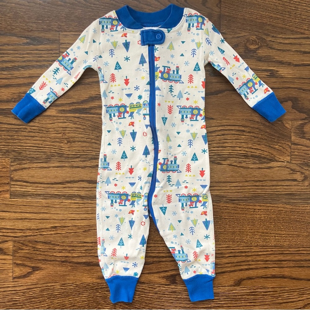 Hanna Andersson Blue and White Train Print Pajamas
